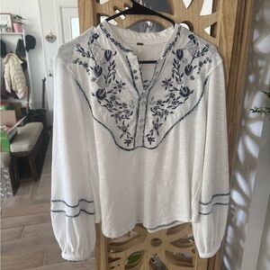 Free People White Blouse with Blue Embroidery